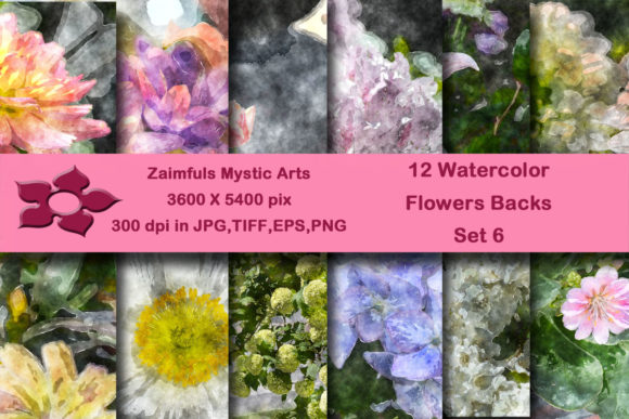 12 Watercolor Flower Backs Set 6 Illustrations