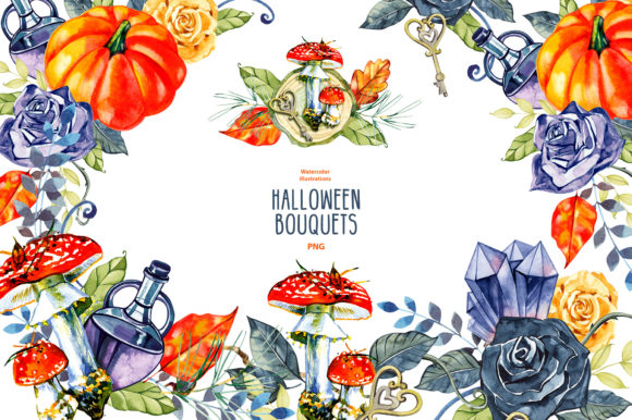 5 Watercolor Halloween Bouquets Illustrations