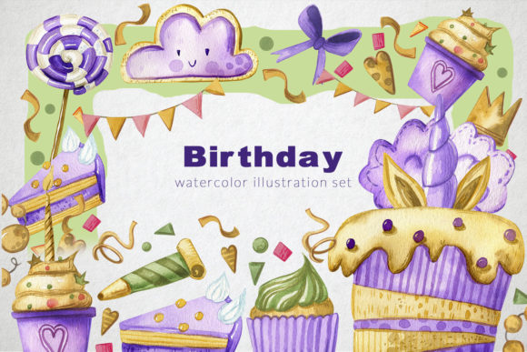 Birthday Party. Watercolor Set Illustrations