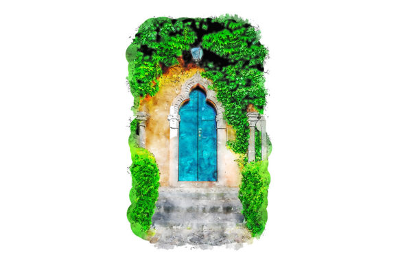 Blue Door and Plants Watercolor Illustrations