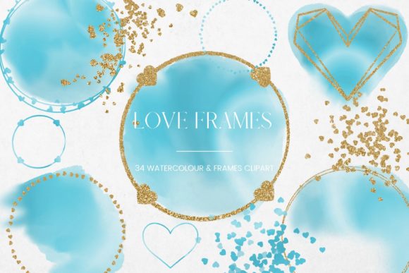 Blue Watercolor and Gold Heart Frame Illustrations