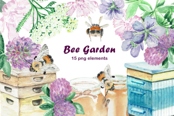 Honey Bee Garden Watercolor Clipart and Illustrations
