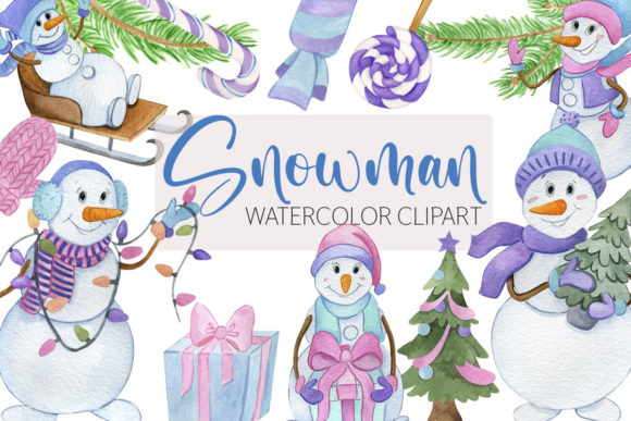 Snowman Watercolor Winter Clipart and Illustrations