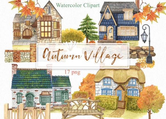 Watercolor Autumn Village Clipart and Illustrations