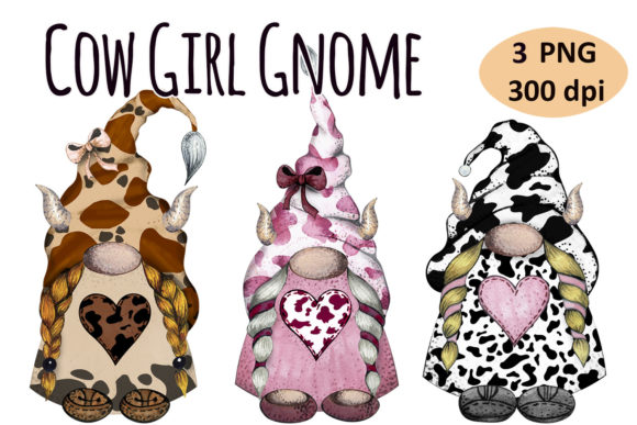 Watercolor Cow Print Gnome Girl Clipart and Illustrations