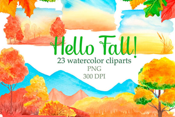 Watercolor Fall Landscape Clipart and Illustrations
