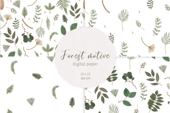 Watercolor Forest Greenery Digital Paper and Illustrations