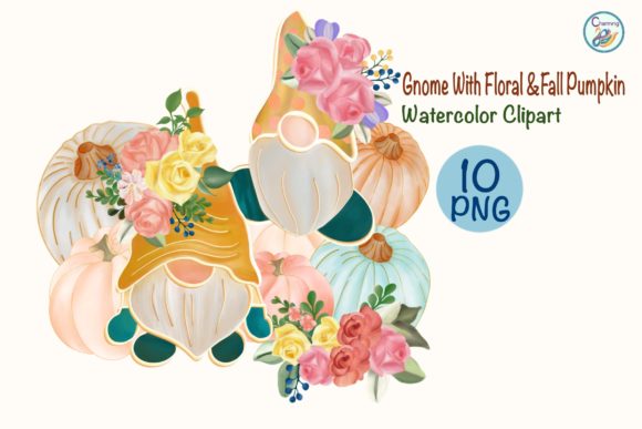 Watercolor Gnome with Floral Pumpkin Illustrations