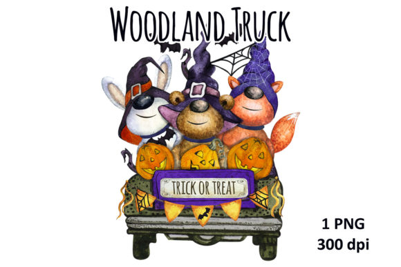 Watercolor Halloween Woodland Truck Illustrations