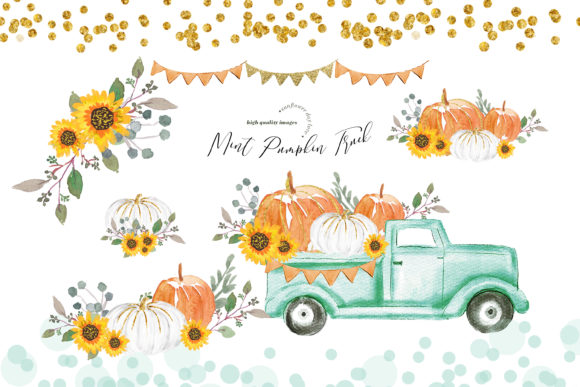 Watercolor Orange Pumpkin Mint Truck Illustrations