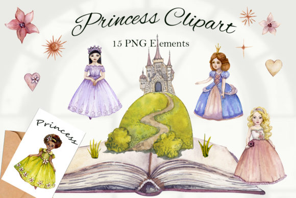 Watercolor Princess and Castle Cliart Illustrations