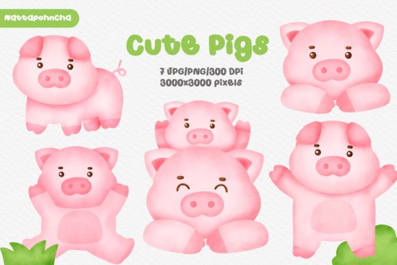 Watercolor Set of Cute Pigs Clipart