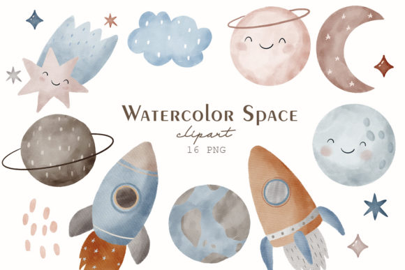 Watercolor Space Clipart, Illustrations