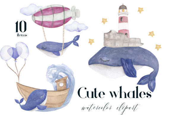 Watercolor Whale Clipart, Cute Whales Illustrations