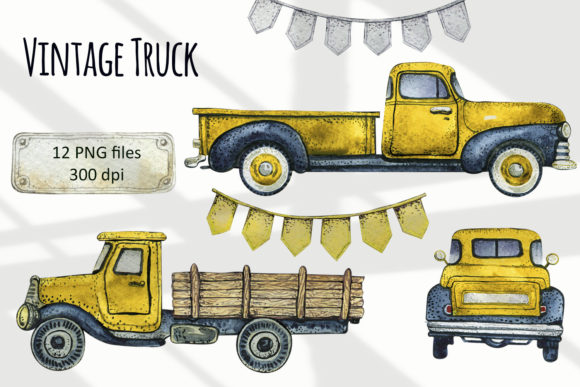 Watercolor Yellow Rusty Truck Clipart and Illustrations