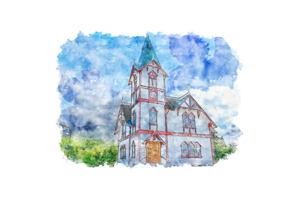 White Wooden Church Watercolor Illustrations
